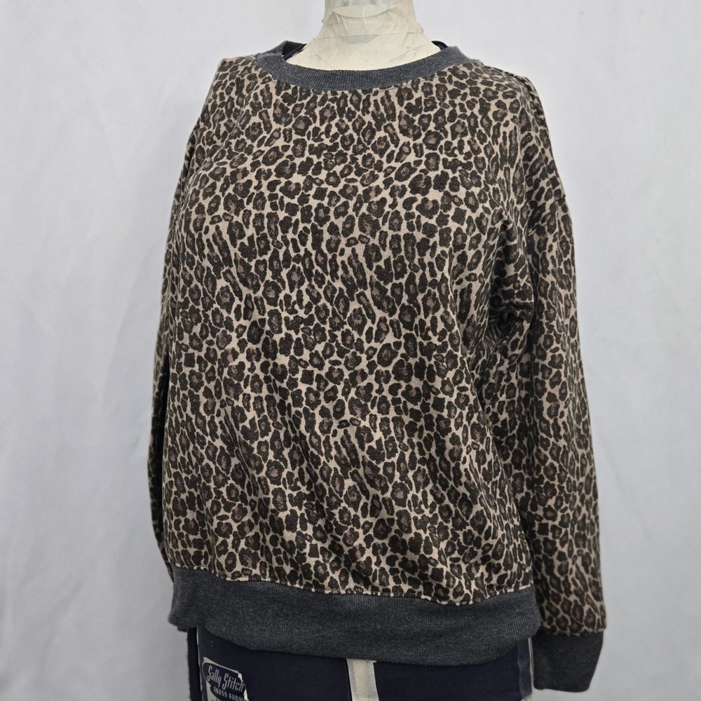 Splendid‎ S Supersoft Leopard Print Pullover Crewneck Cozy Sweatshirt Gray Trim